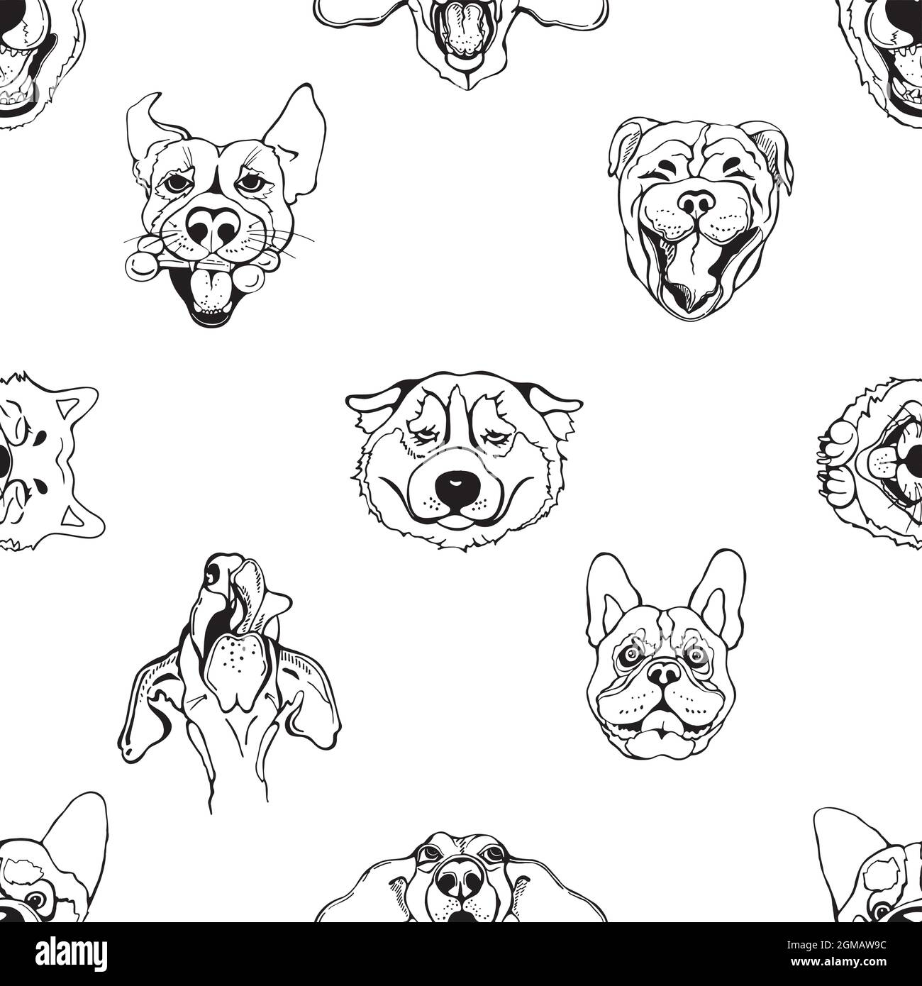 Seamless pattern of hand drawn sketch style portraits of dogs isolated ...