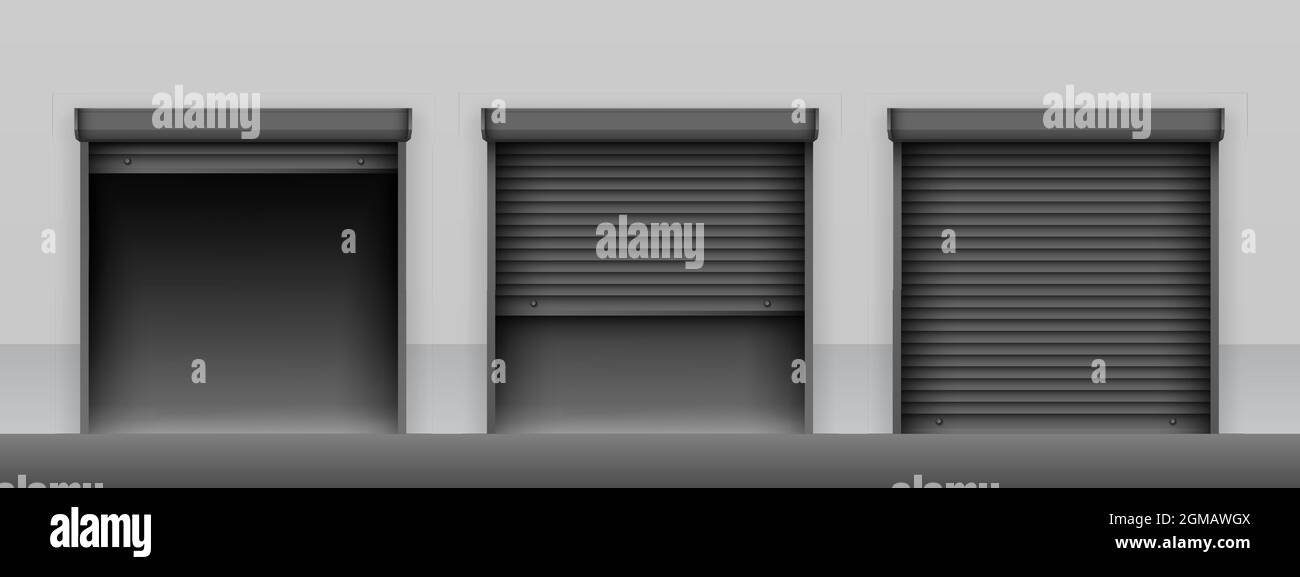 Set of black roller shutter gates on light grey wall of building. Open ...