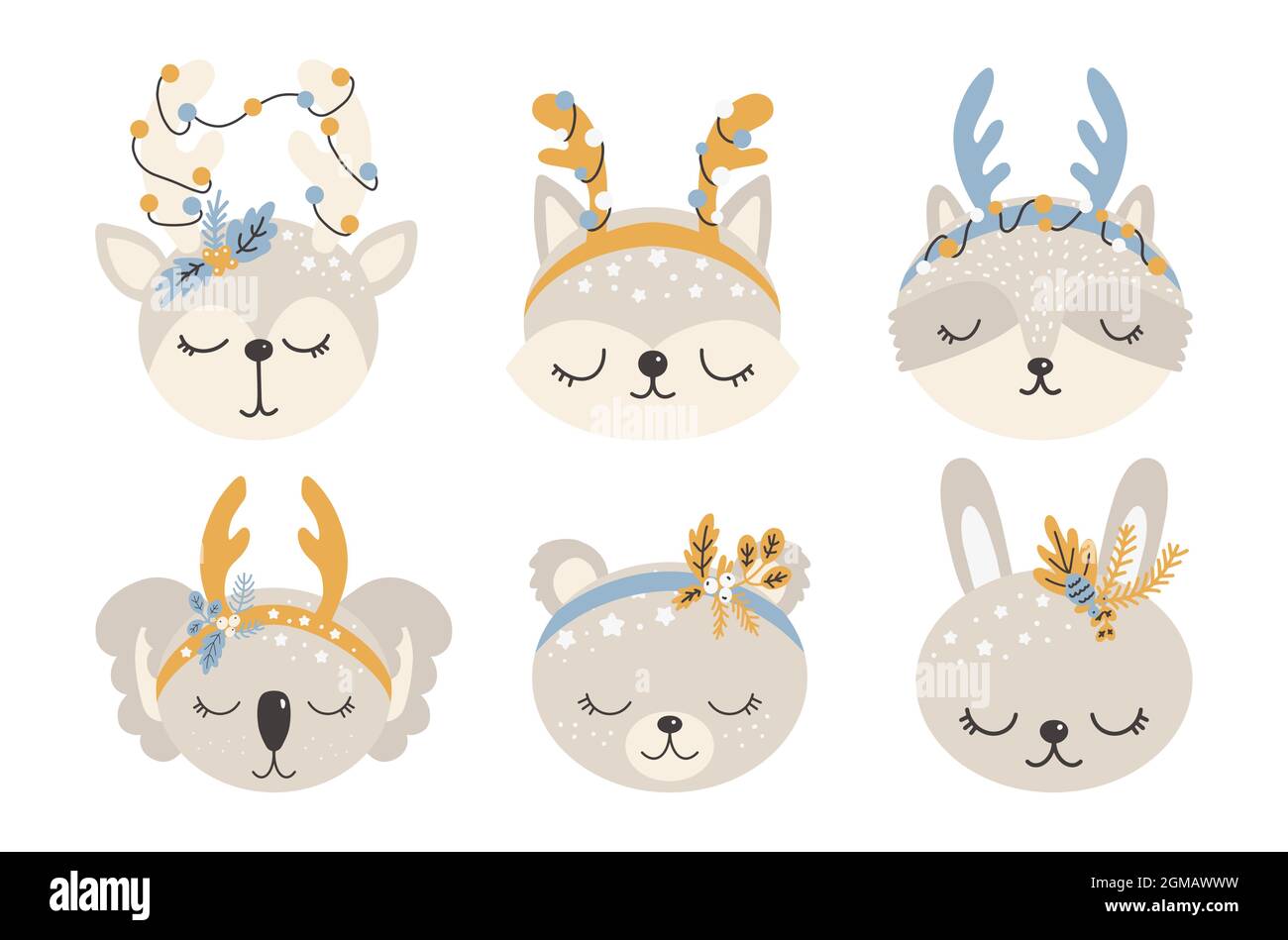 Collection of Christmas cute animals, merry Christmas illustrations of deer, fox, raccoon, hare, cat and koala with winter accessories. Scandinavian s Stock Vector