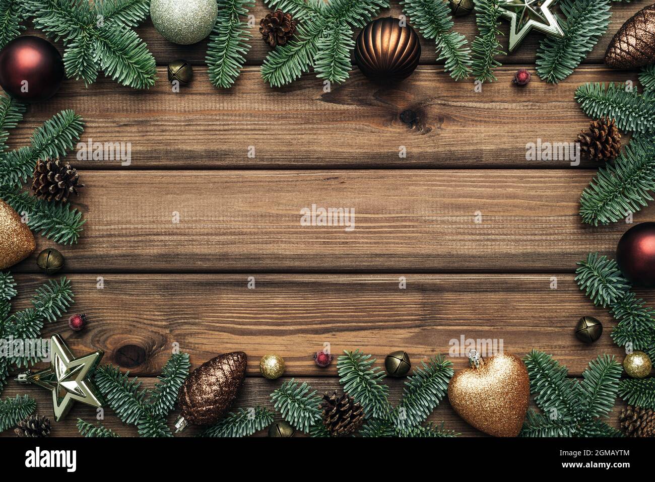 Vintage Christmas background with fir tree branches frame. Flat lay ...