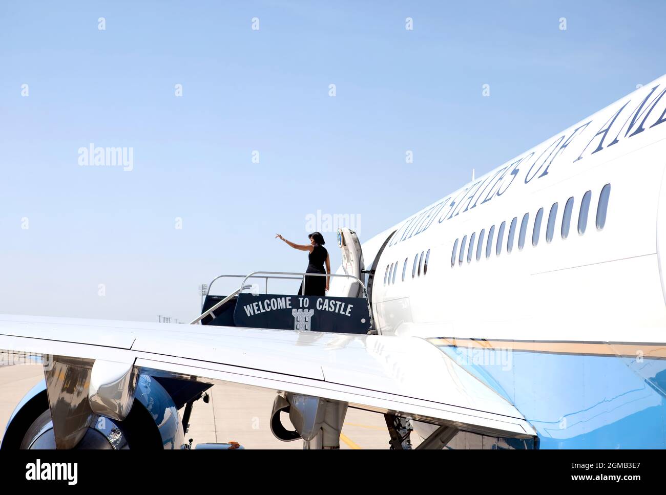 First Lady Michelle Obama embarks on her way home after she spoke at the University of California at Merced commencement on Thursday, May 16, 2009.(Official White House Photo by Samantha Appleton) This official White House photograph is being made available for publication by news organizations and/or for personal use printing by the subject(s) of the photograph. The photograph may not be manipulated in any way or used in materials, advertisements, products, or promotions that in any way suggest approval or endorsement of the President, First Family, or the White House. Stock Photo