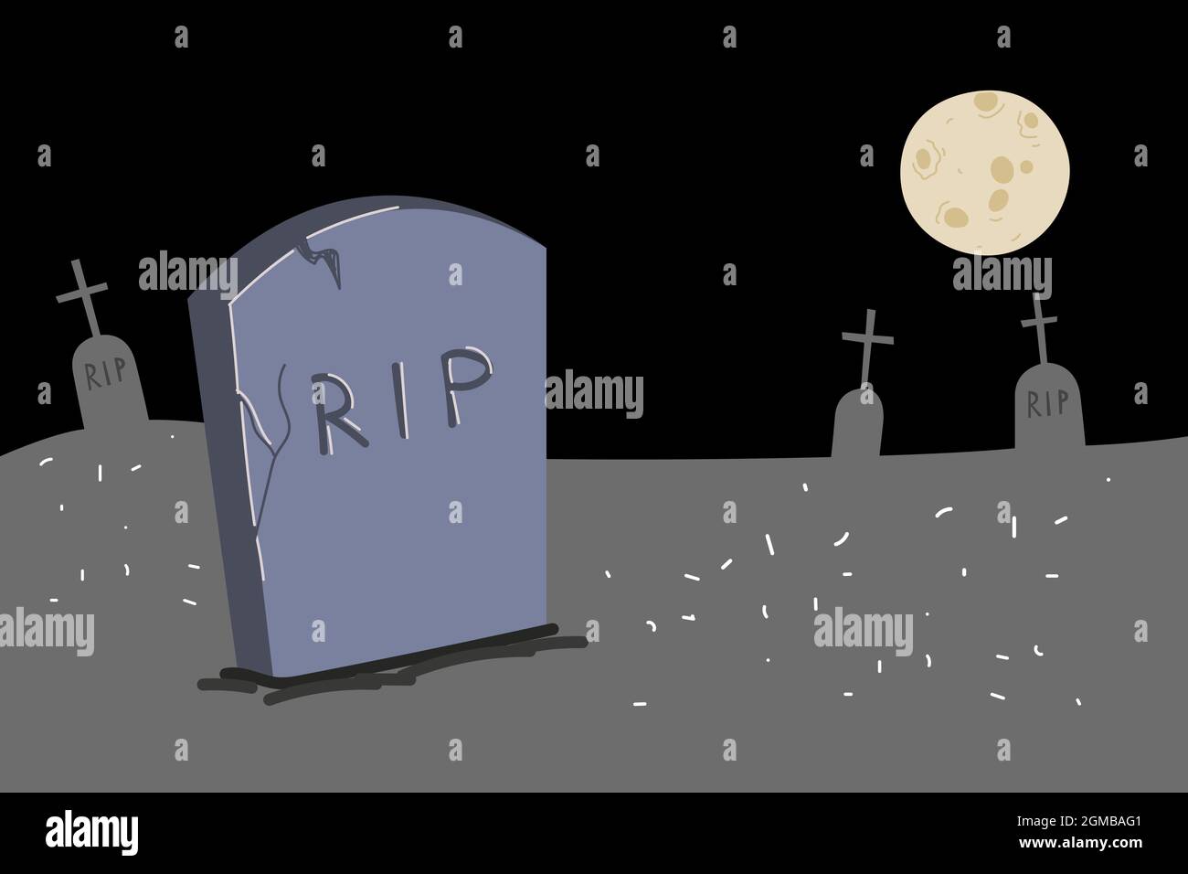 Drawing gravestone in moonlight cemetery. Night graveyard illustration. Gray monument on grave of RIP. Tombstone hand-drawn vector eps banner Stock Vector