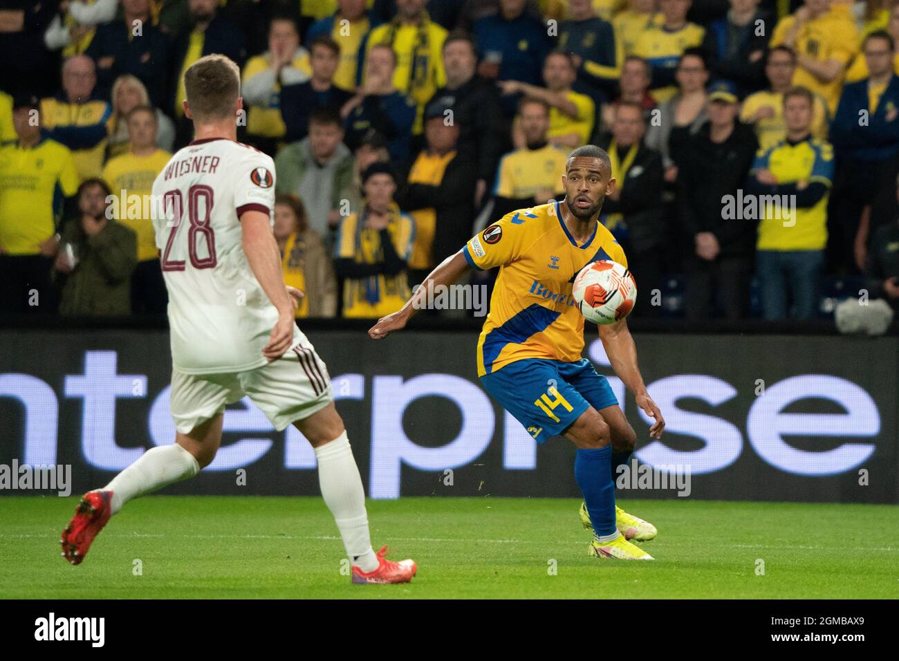 Broendby, Denmark. 16th, September 2021. Kevin Mensah (14) of Broendby IF seen during the UEFA Europa League match between Broendby IF and Sparta Prague at Broendby Stadion in Broendby. (Photo credit: Gonzales Photo - Gaston Szerman). Stock Photo