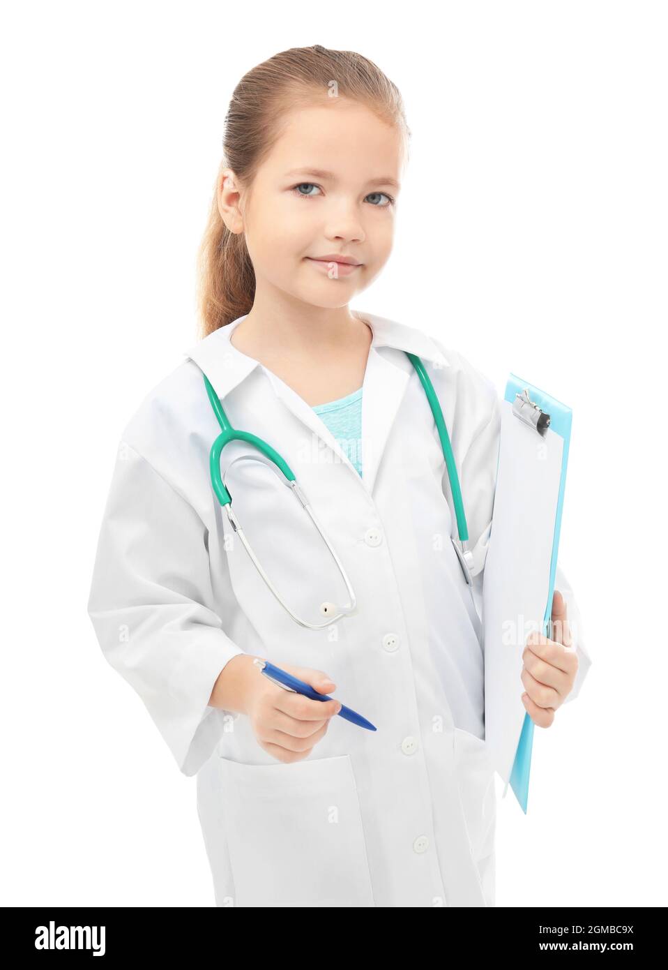 Cute little girl in doctor uniform with clipboard on white background ...