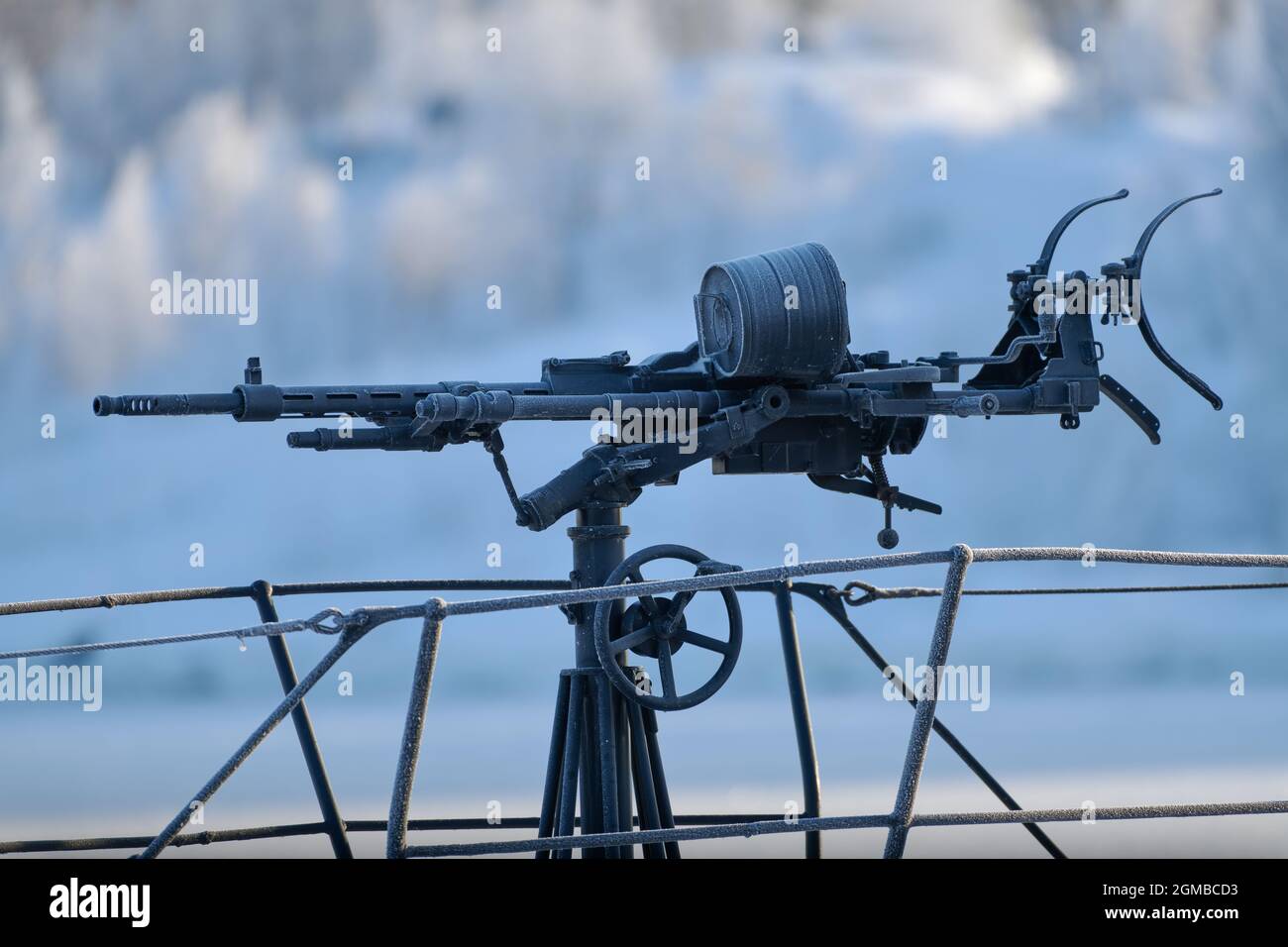 Helsinki, Finland - January 15, 2021: 20 mm Madsen anti-aircraft gun mounted on the front deck of a Finnish WW II era museum submarine Vesikko in the Stock Photo