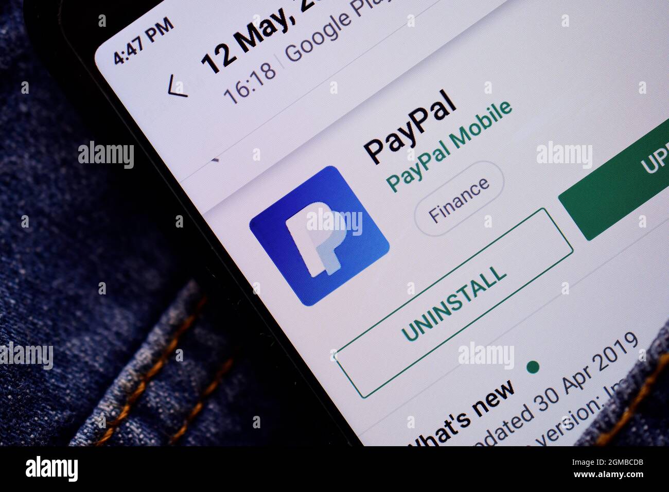 Delhi, india, May 13, 2019:  paypal app on play store, paypal application icon. Stock Photo