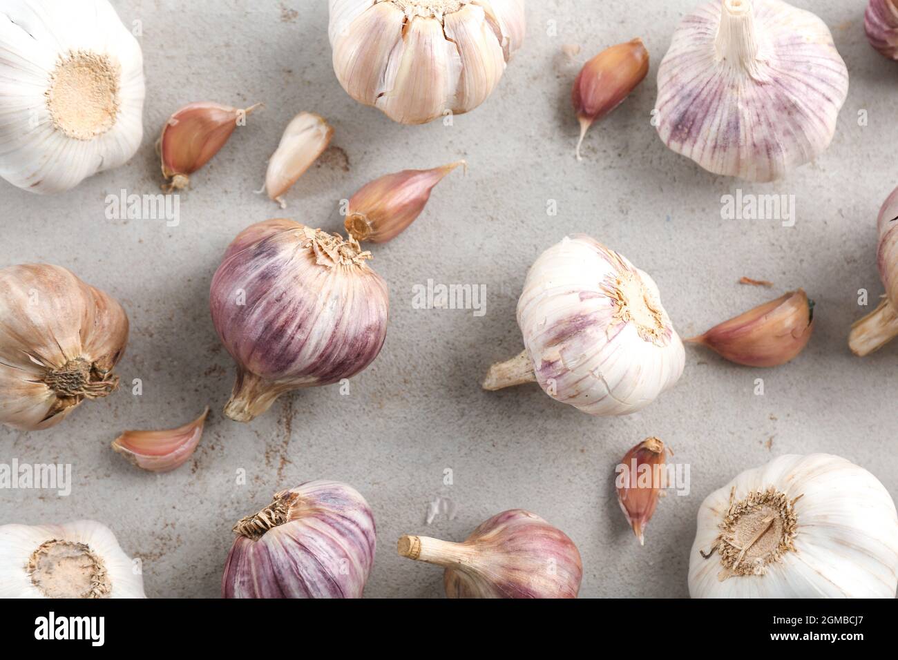 Fresh garlic on grey background Stock Photo - Alamy