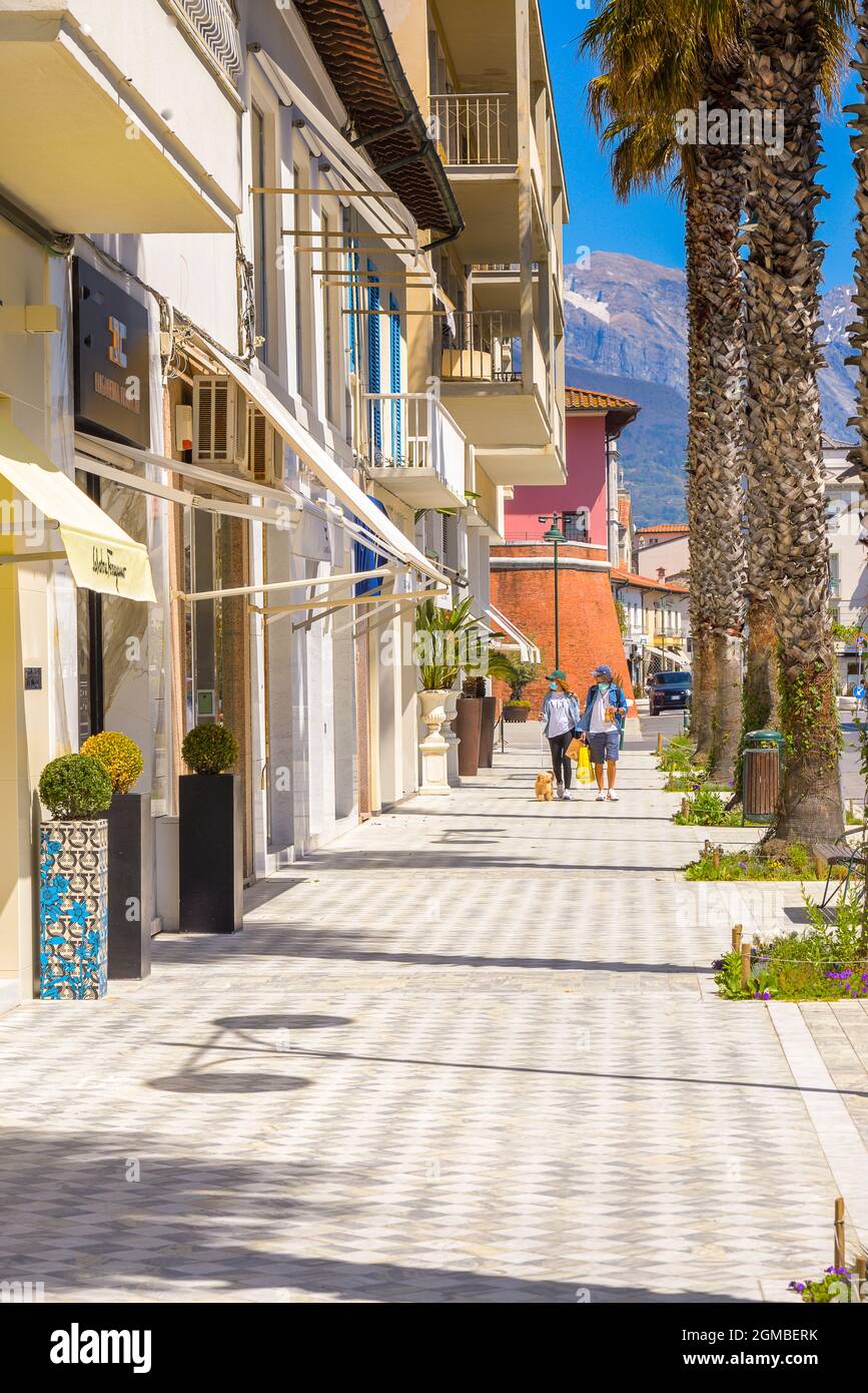 Shopping road, street in the centre of Forte dei Marmi, Tuscan Riviera, Tuscany, Italy