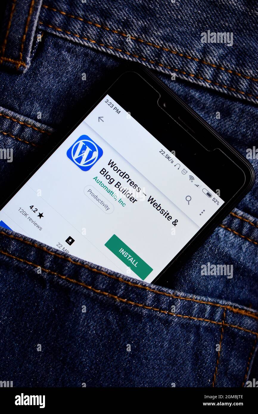 Delhi, India, May 13, 2019: WordPress web development platform application on smartphone, WordPress app on play store Stock Photo