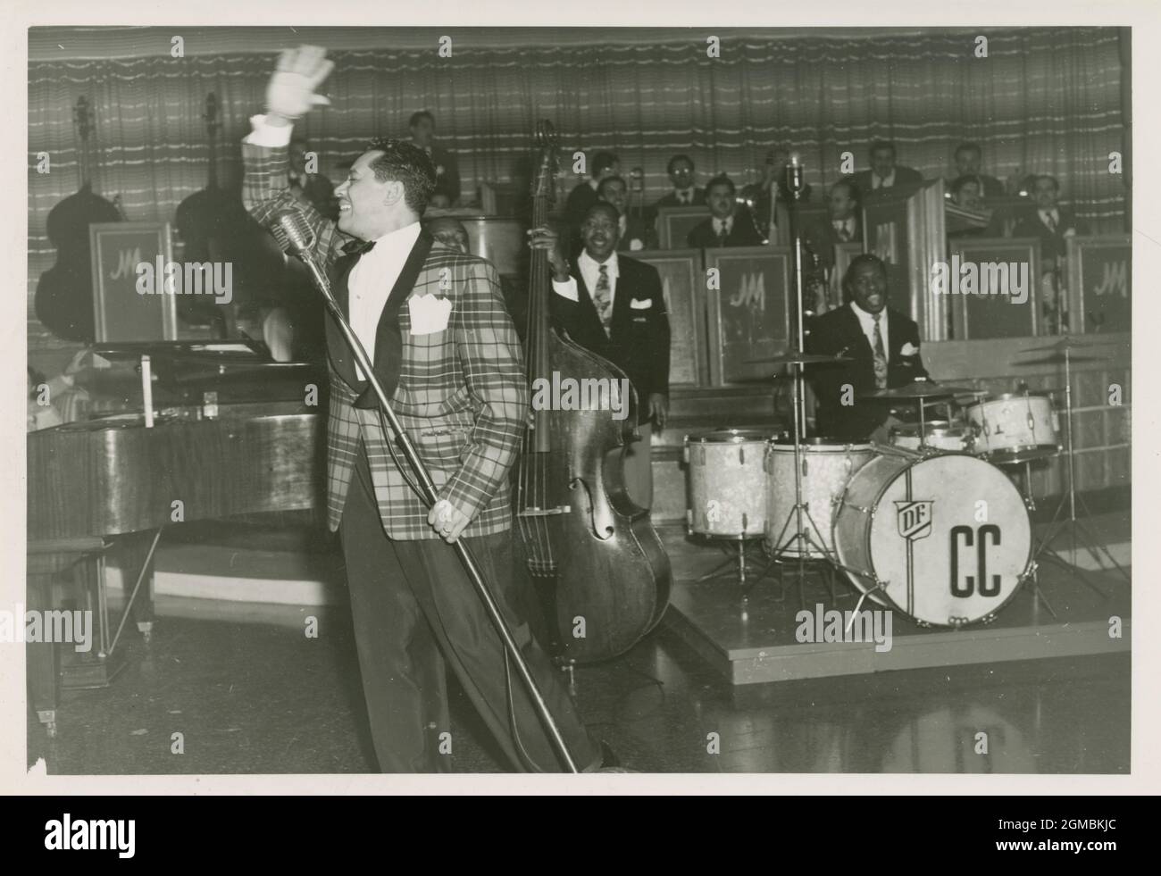 B & W photograph of Cab Calloway performing during the 1950's in front of his band at the Hotel Nacional de Cuba, Havana, Cuba Stock Photo