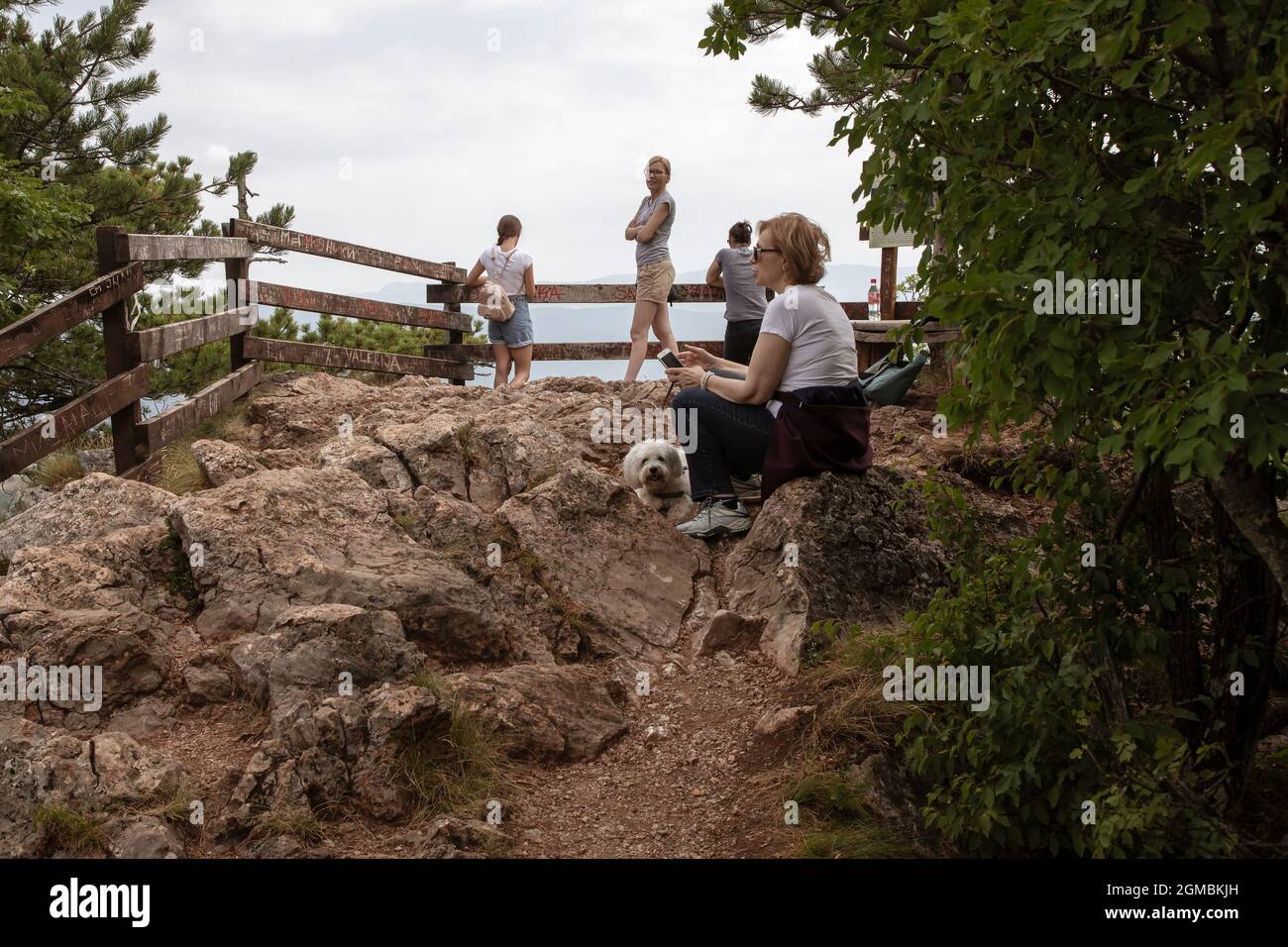 Serbia, Jul 15, 2021: Hikers resting at one of the lookouts of Mountain Tara Stock Photo