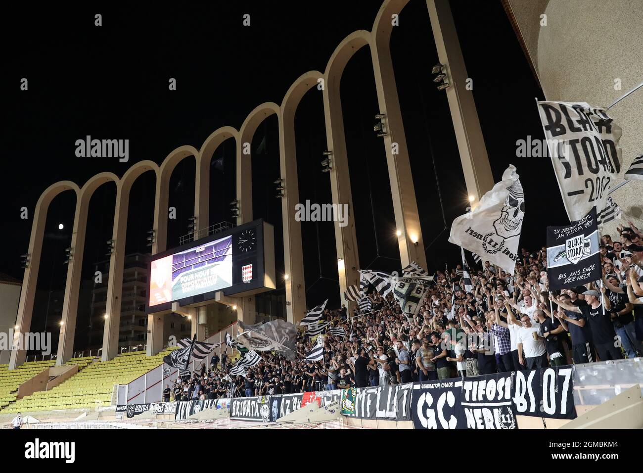 Monaco. 16th September 2021. SK Sturm Graz fans at the stadium during the  UEFA Europa League match at Stade Louis II, Monaco. Picture credit should  read: Jonathan Moscrop / Sportimage Credit: Sportimage/Alamy