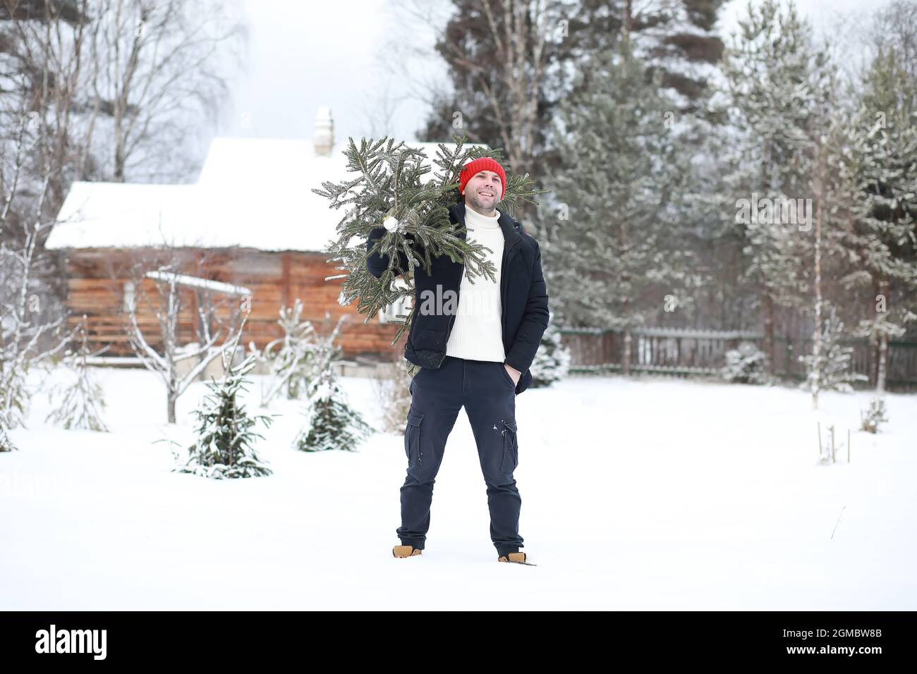 A man with a cut Christmas tree on the street. Preparation for the new