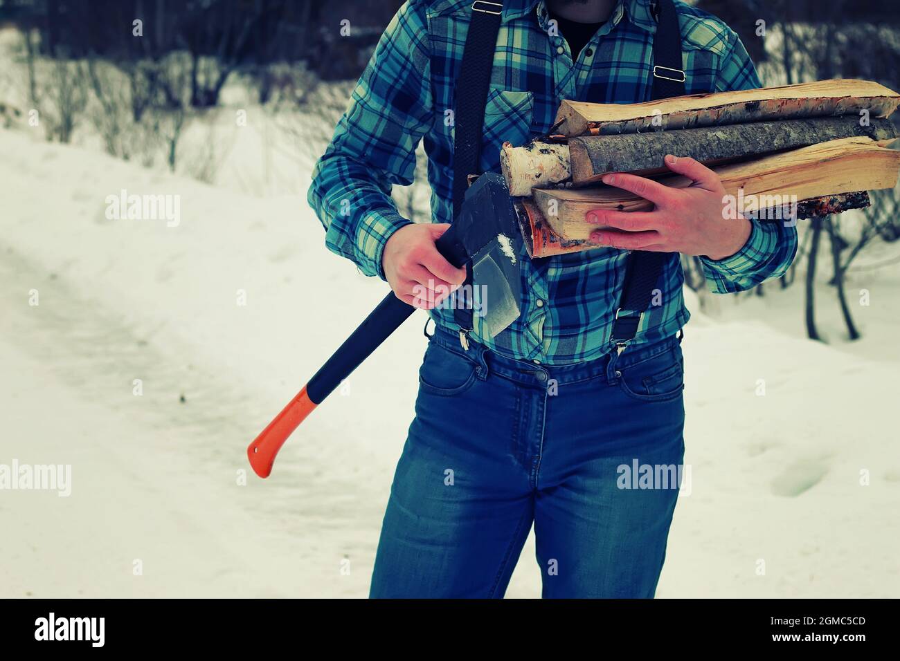 winter man axe wood Stock Photo - Alamy