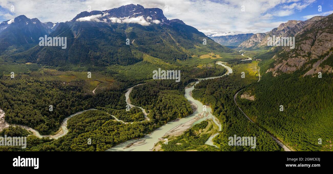 Aerial panorama of the Tweedsmuir (South) Provincial Park with Kitimat Ranges, northern Pacific Ranges, and the Rainbow Range in the background and At Stock Photo