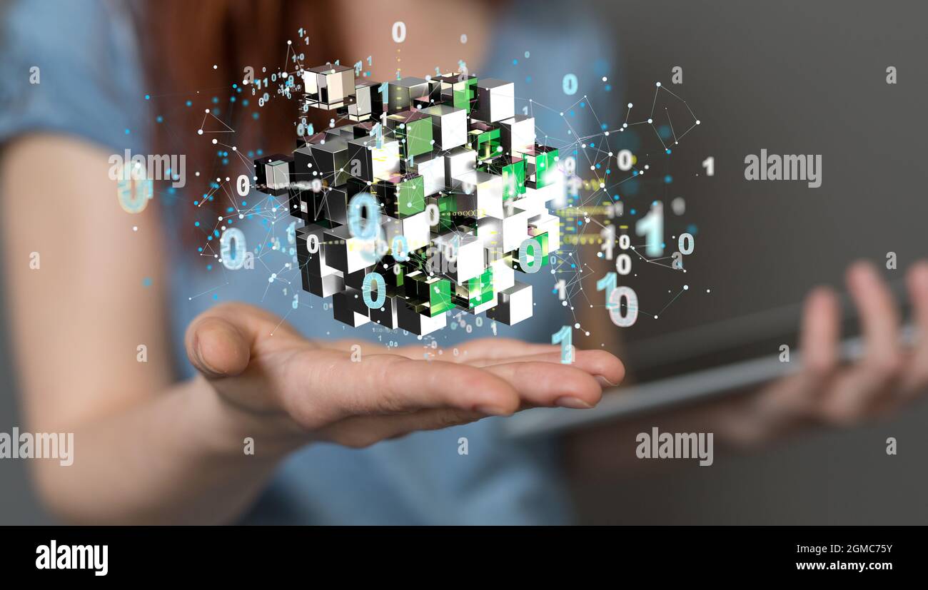 3D rendering of an abstract technological cubes on a female's hand ...