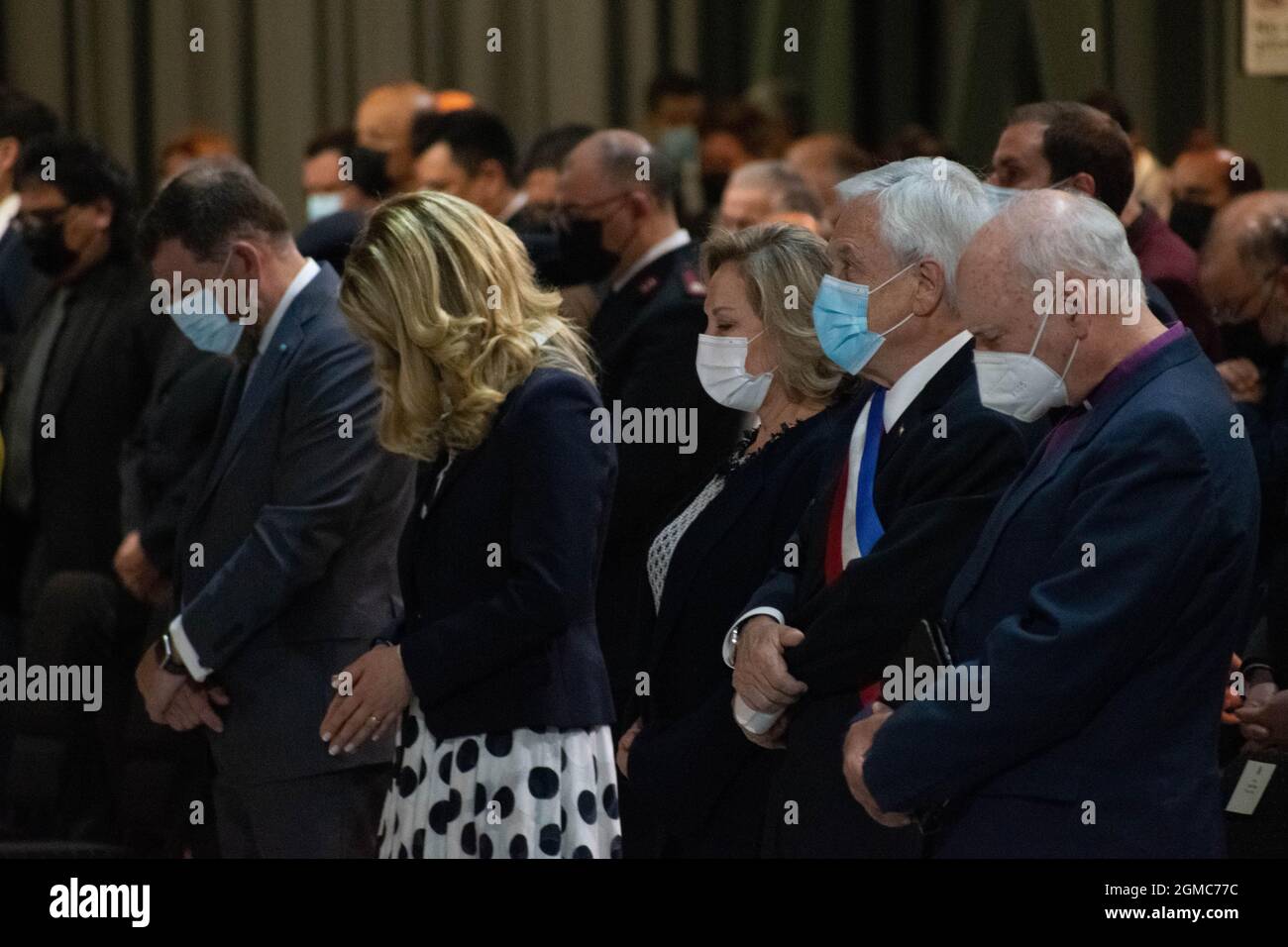 Santiago, Chile. 17th Sep, 2021. President Sebastian PiÃ±era, along with the first lady and members of the evangelical community, at the Evangelical Te Deum that is celebrated on National Holidays in Santiago, the day before Chile's Independence Day. The highest government authorities arrived at the evangelical church, and sanitary protocols were imposed due to the pandemic, but with more relaxation than last year, since Chile is going through a good epidemiological moment. (Credit Image: © Matias Basualdo/ZUMA Press Wire) Credit: ZUMA Press, Inc./Alamy Live News Stock Photo