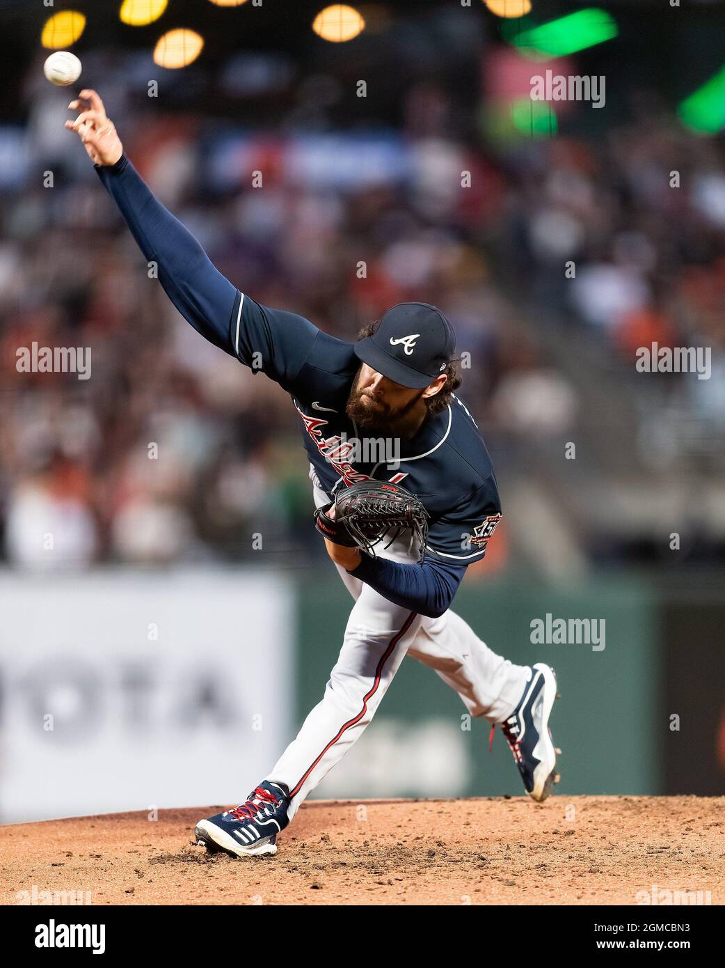 Atlanta Braves pitcher Ian Anderson (36) tosses a pitch during the start of  Major League Baseball