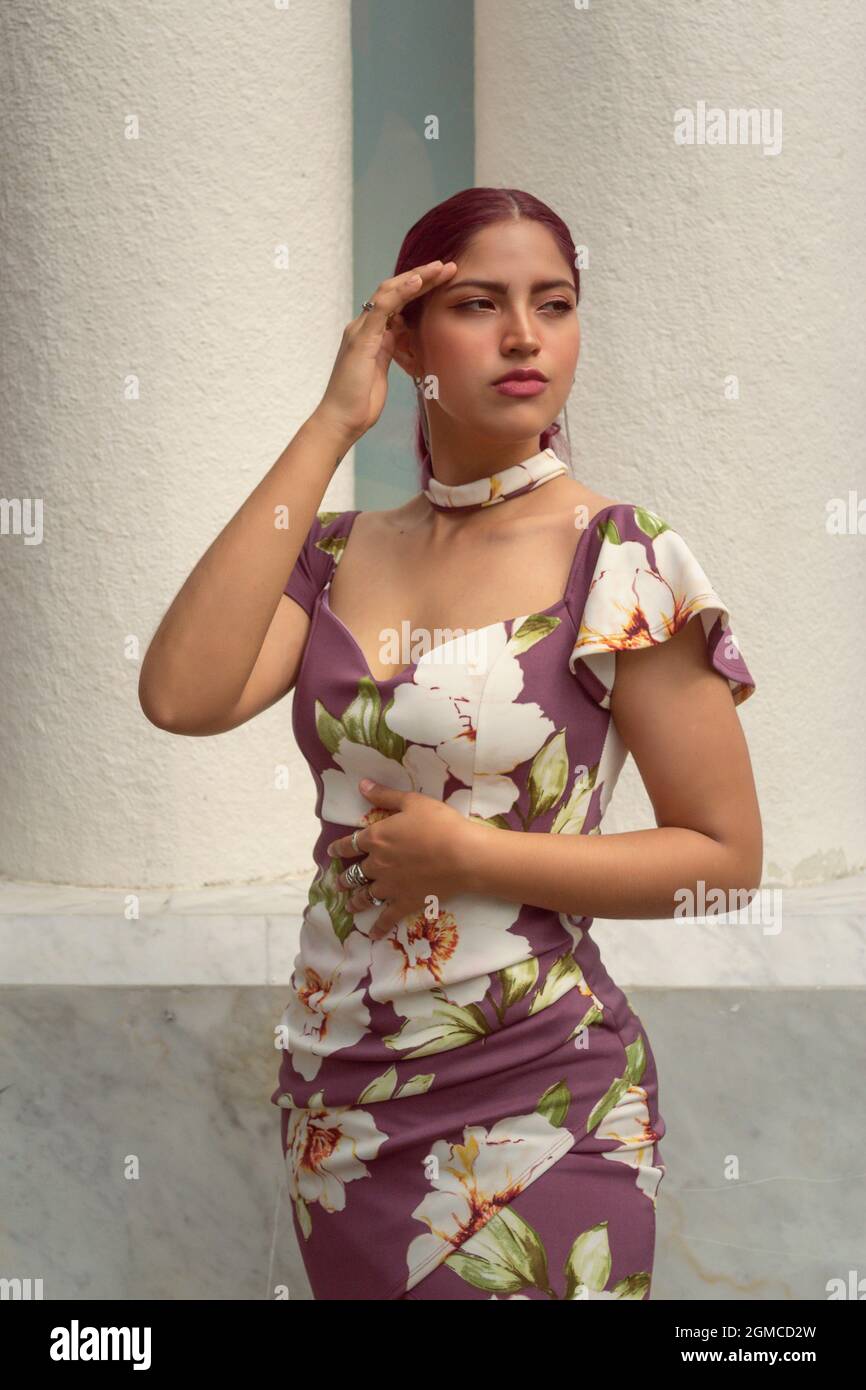 beautiful latin woman, with dress of roses Stock Photo Alamy