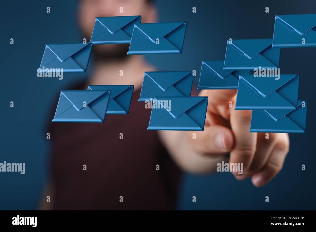 Man tapping on a 3D rendering of email icons - online communication ...