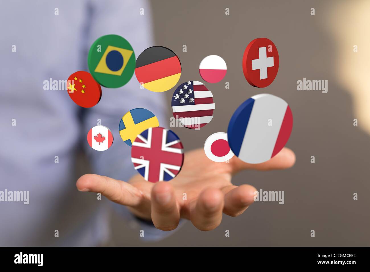 3D rendering of interconnected flags on a man's palm global