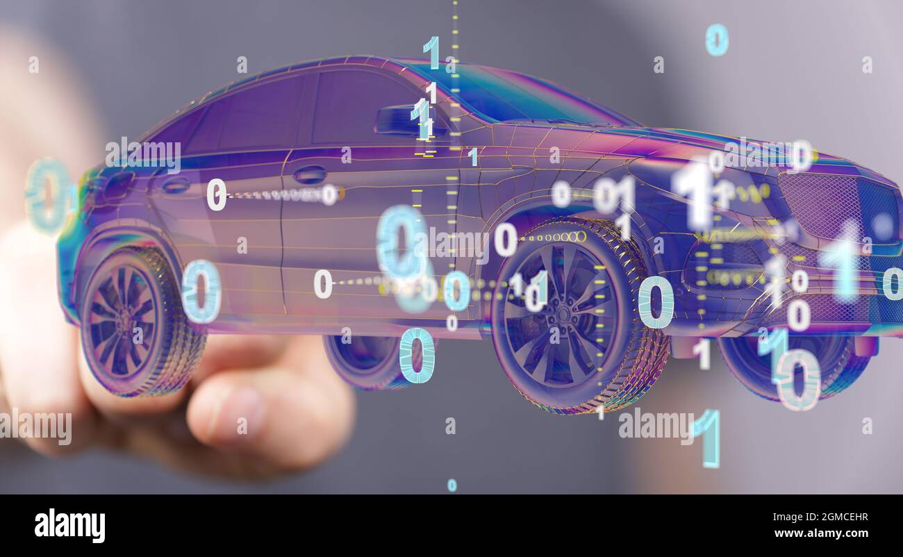 Man tapping on a 3D rendering of an autonomous electric car with binary ...