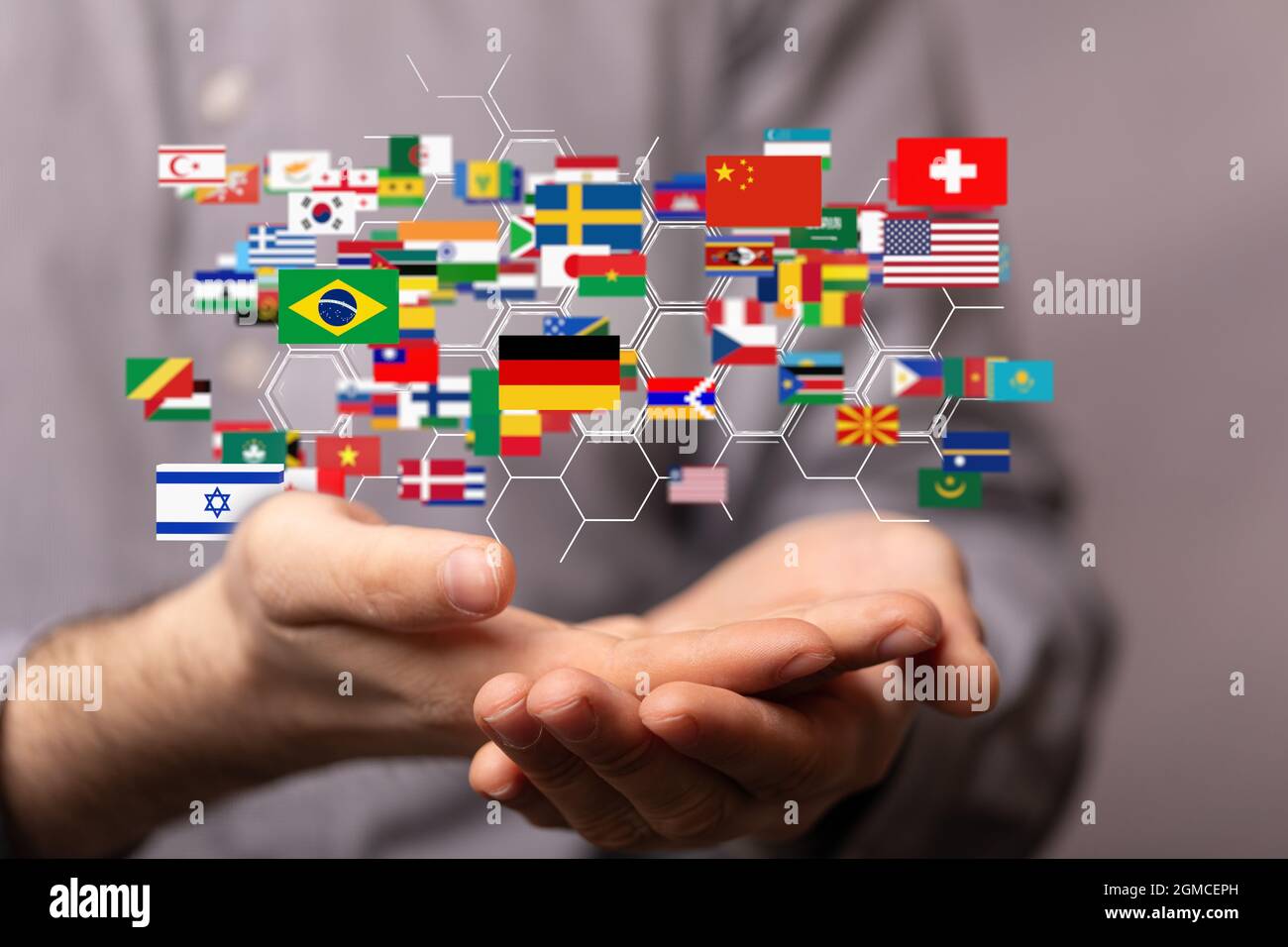 3D rendering of interconnected flags on a man's palms global