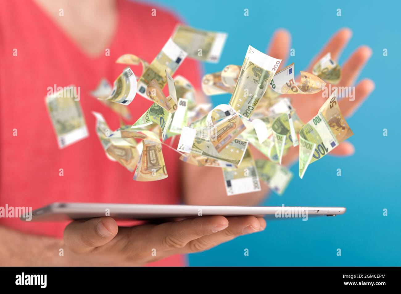 3D rendering of Euro banknotes on a businessman's tablet - online ...