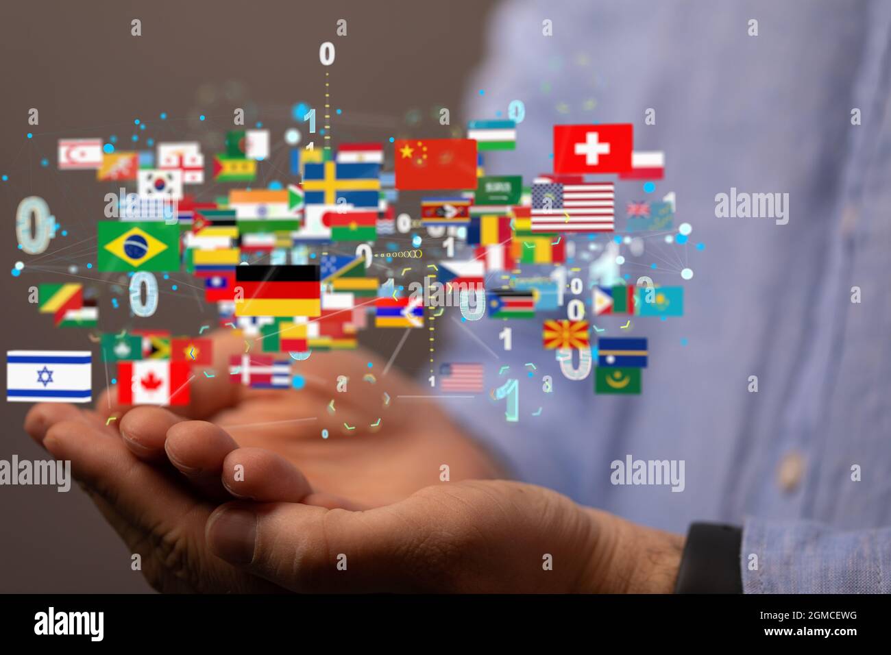 Flags Connections 3D rendering of interconnected flags on a man's palms - global ...