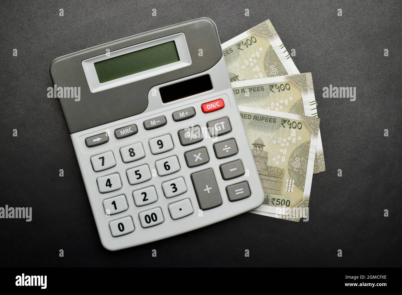 Calculator with Indian currency note Stock Photo