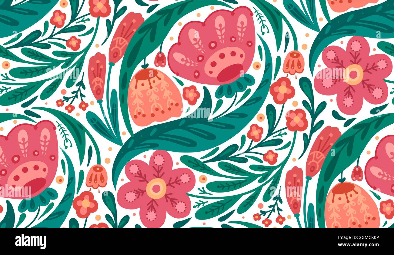Seamless floral pattern with folk decoration on white background ...