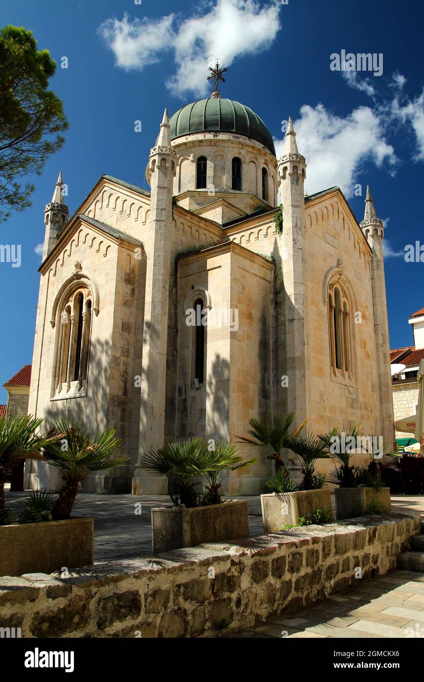 Saint Michael Archangel Church. Historic center of Herceg Novi town in Montenegro in the Bay of Kotor. Stock Photo