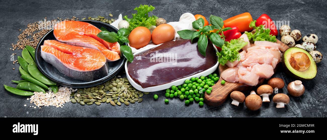 Food high in vitamin B5 on dark background. Healthy diet concept