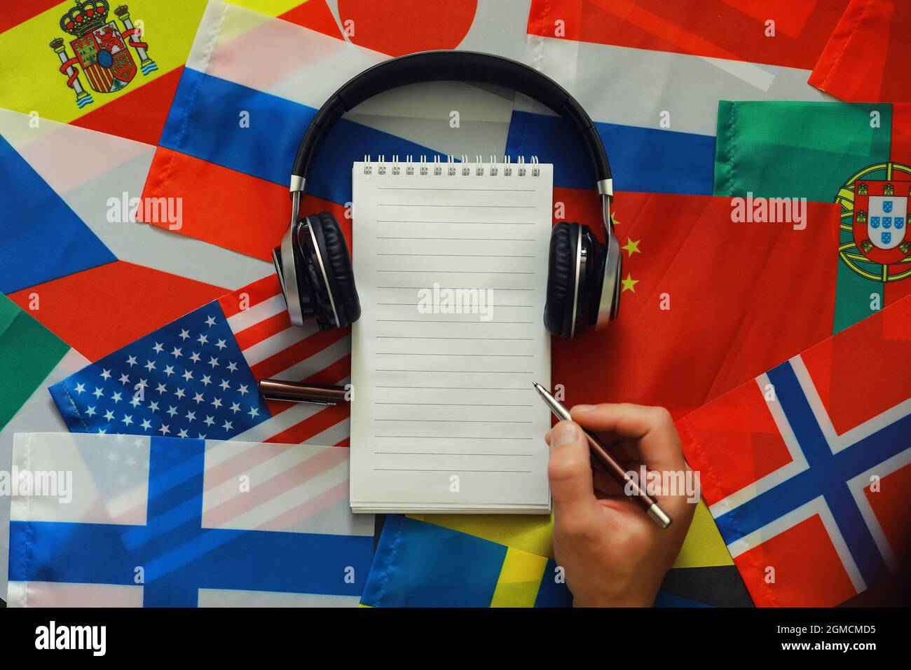 Learning foreign languages. Audio language courses. Background from countries flags and