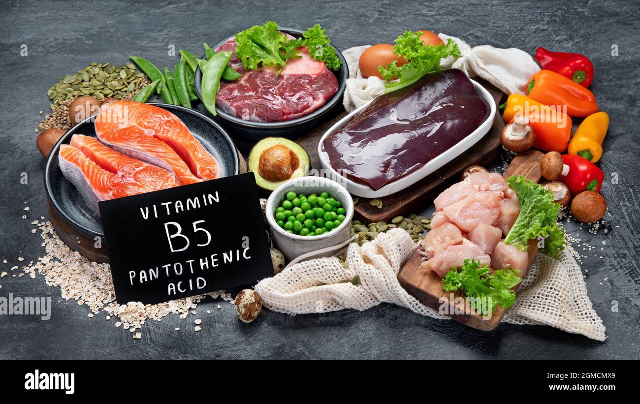 Food high in vitamin B5 on dark background. Healthy diet concept Stock