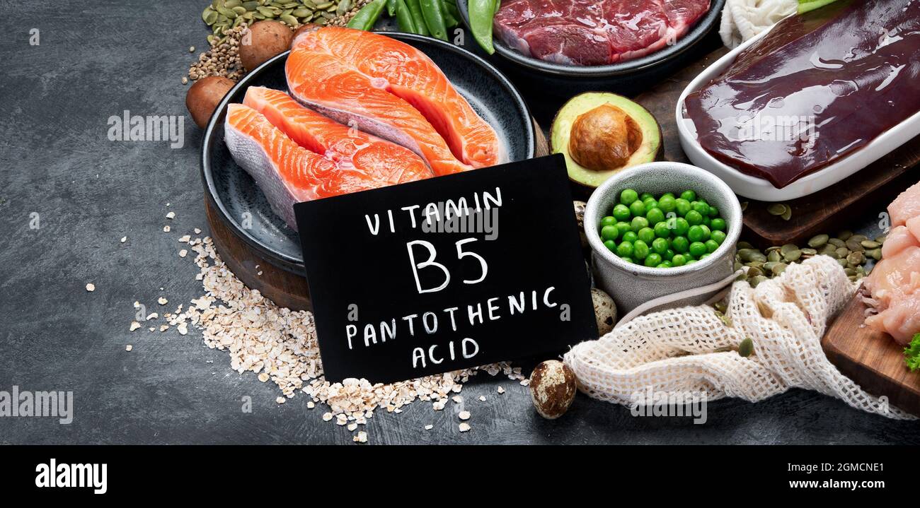 Food high in vitamin B5 on dark background. Healthy diet concept. Copy