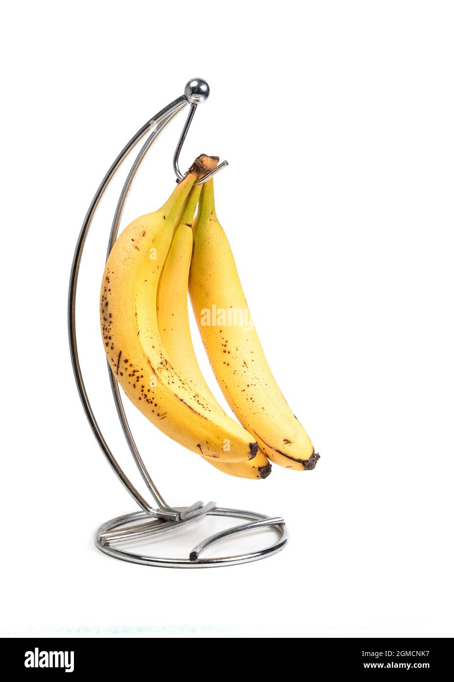 Multiple bananas on a banana holder. Stainless steel hanger with three