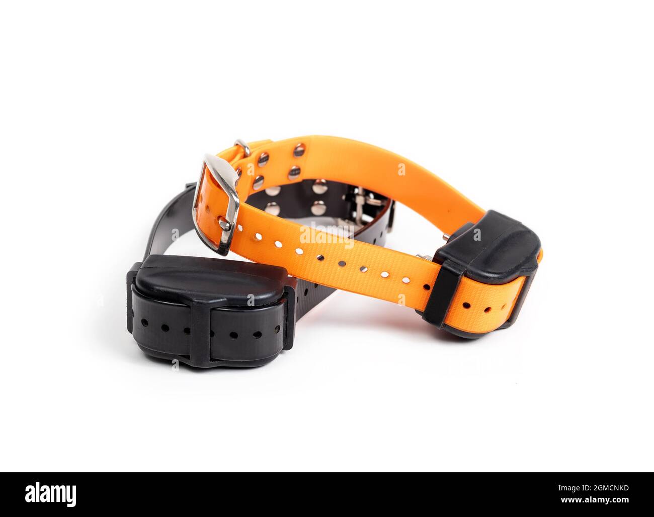 Dog shock or bark collar set. Large orange and black remote training collar for dogs. Device used for obedience training, recall or to reduce or stop Stock Photo