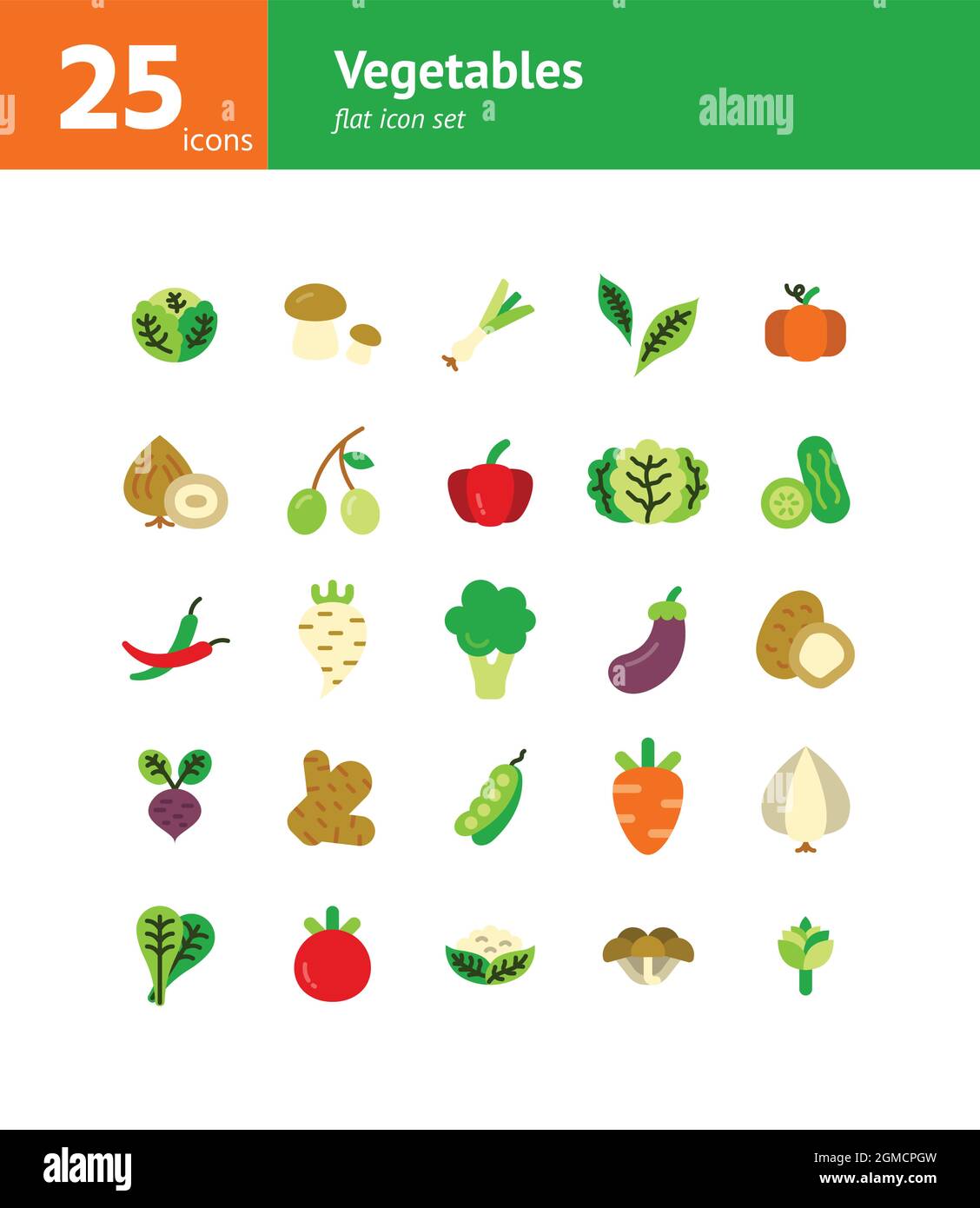 Vegetables flat icon set. Vector and Illustration. Stock Vector
