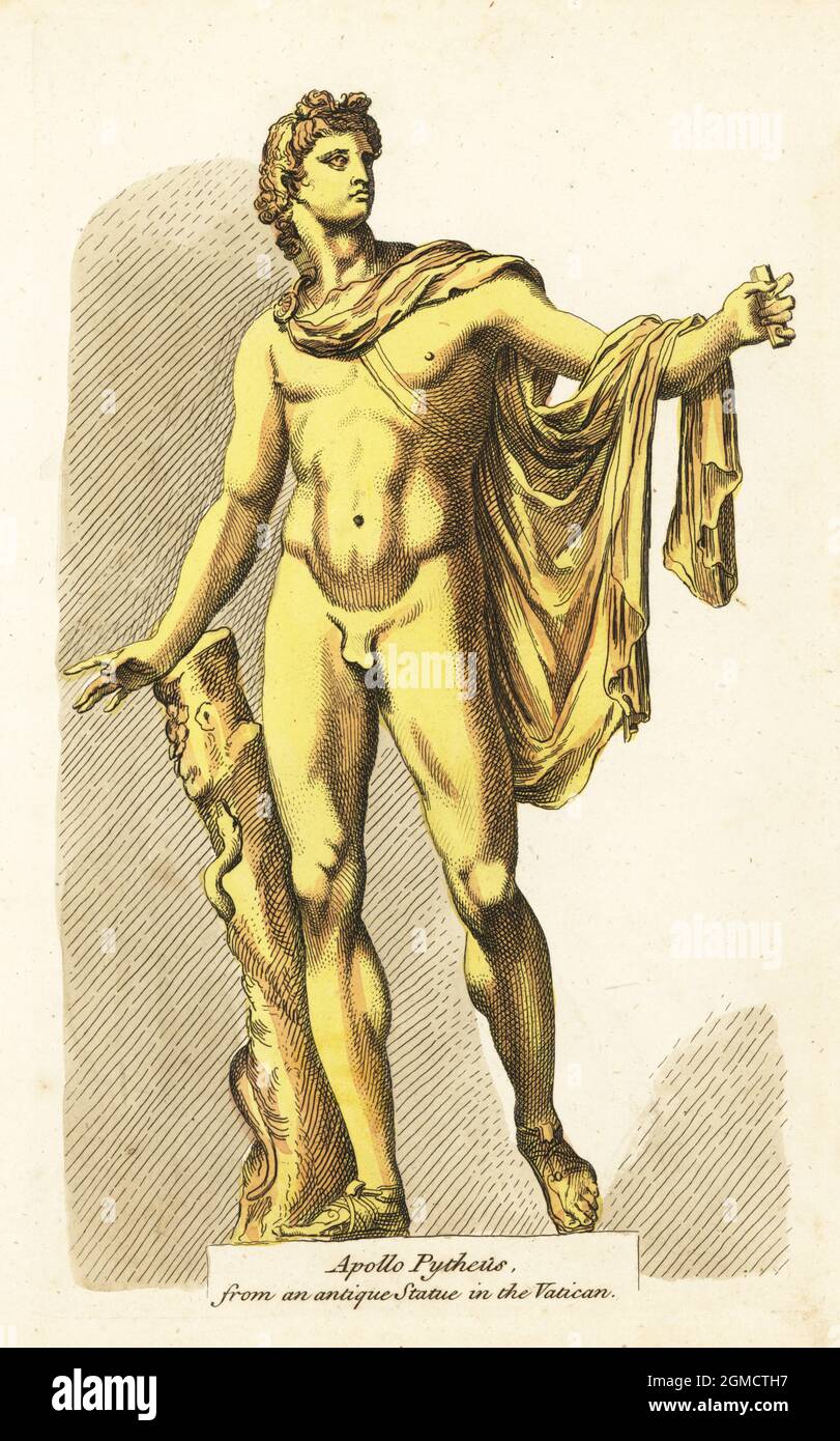 Statue of the Greek/Roman god Apollo with python. Pictured with cape, leaning on a trunk with a serpent curled around it. Apollo Pytheus, from an antique statue in the Vatican. Handcoloured copperplate engraving after a Francois Perrier from Robert Sayer’s The Artist’s Vade Mecum, Being the Whole Art of Drawing, London, 1766. Stock Photo
