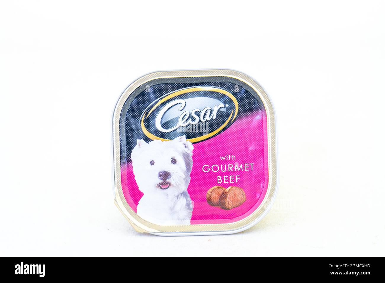 Johannesburg, South Africa a tub of Cesar gourmet beef dog food isolated on a clear background