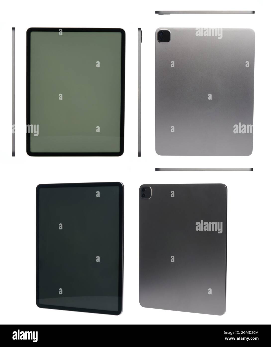 All views of generic grey metal tablet isolated isometric Stock Photo