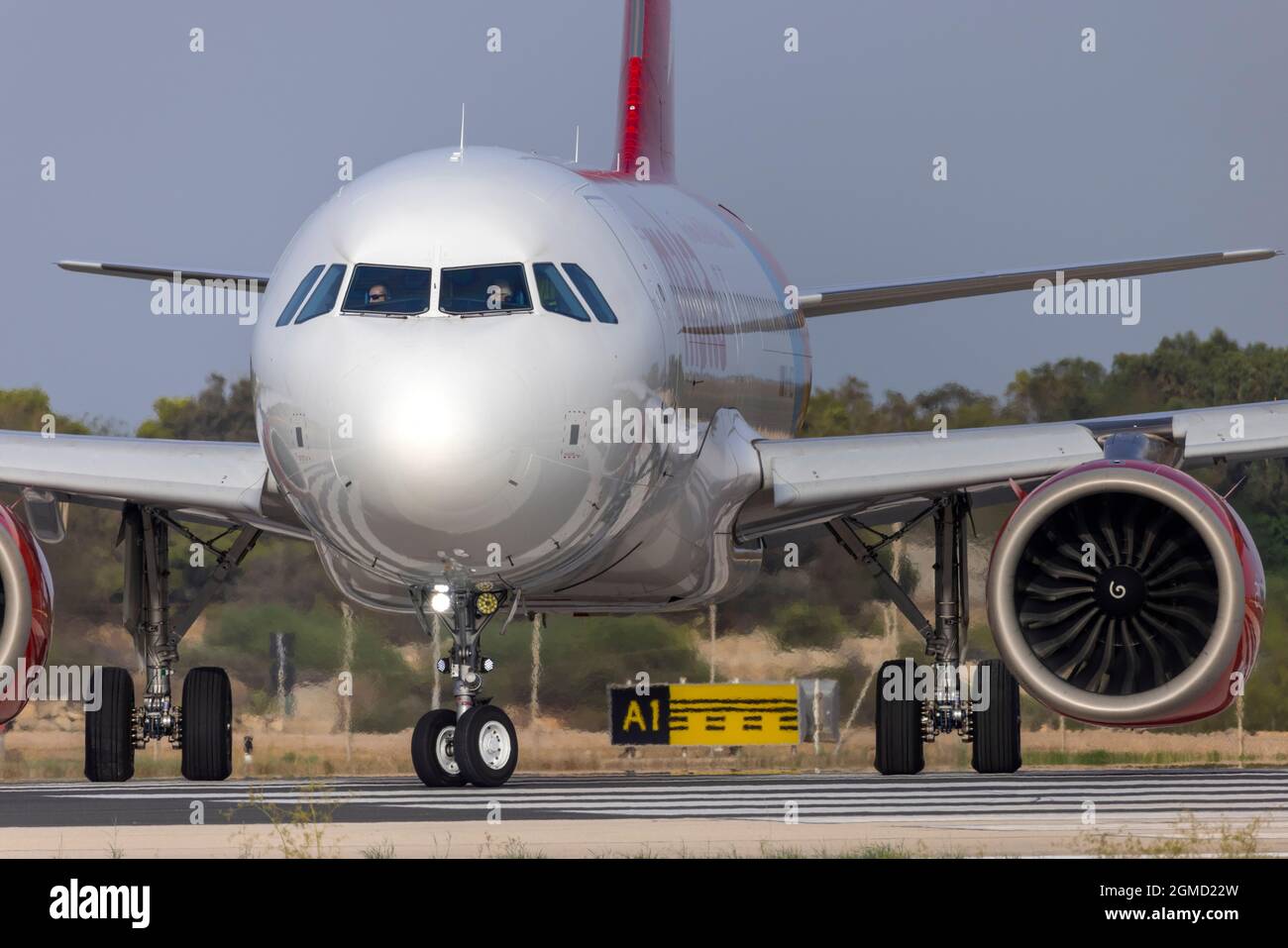 Air Malta Airbus A320-251N (REG: 9H-NEB), NEO Airbus lining up for take off from runway 31. Stock Photo