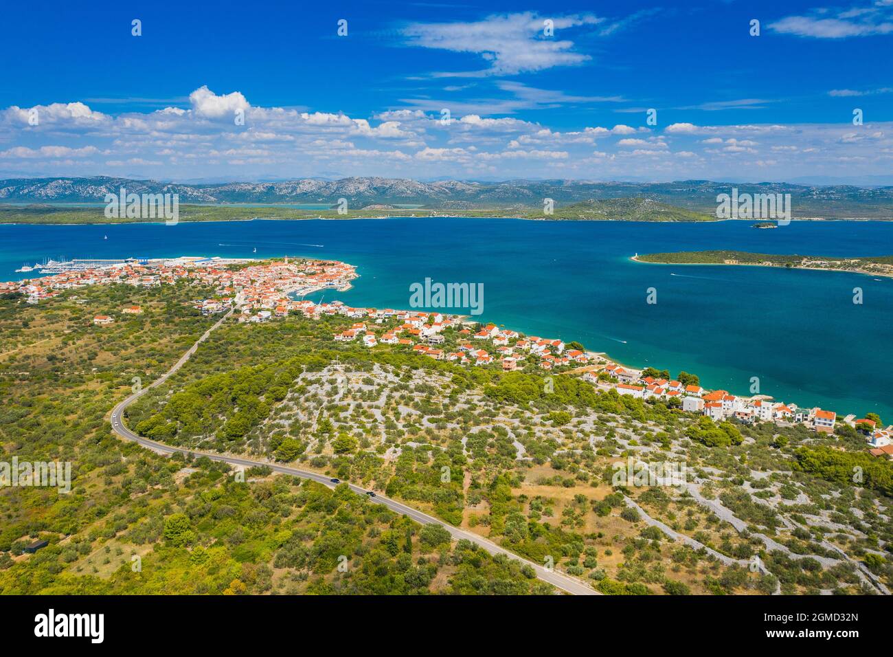 Towns Betina and Murter on the island of Murter in Dalmatia, Croatia, aerial view Stock Photo