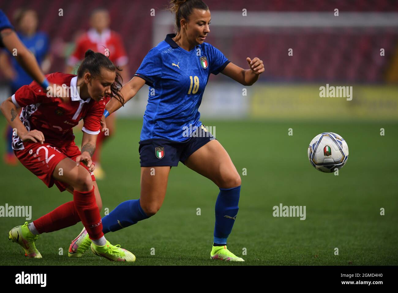 Trieste, Italy. 17th Sep, 2021. Arianna Caruso (Italy Women)Irina Topal (Moldova)             during the  Fifa 'Womens World Cup 2023 qualifying round' match between Italy Women 3-0 Moldova Women    at  Nereo Rocco Stadium  on September 17, 2021 in Trieste, Italy. (Photo by Maurizio Borsari/AFLO) Credit: Aflo Co. Ltd./Alamy Live News Stock Photo