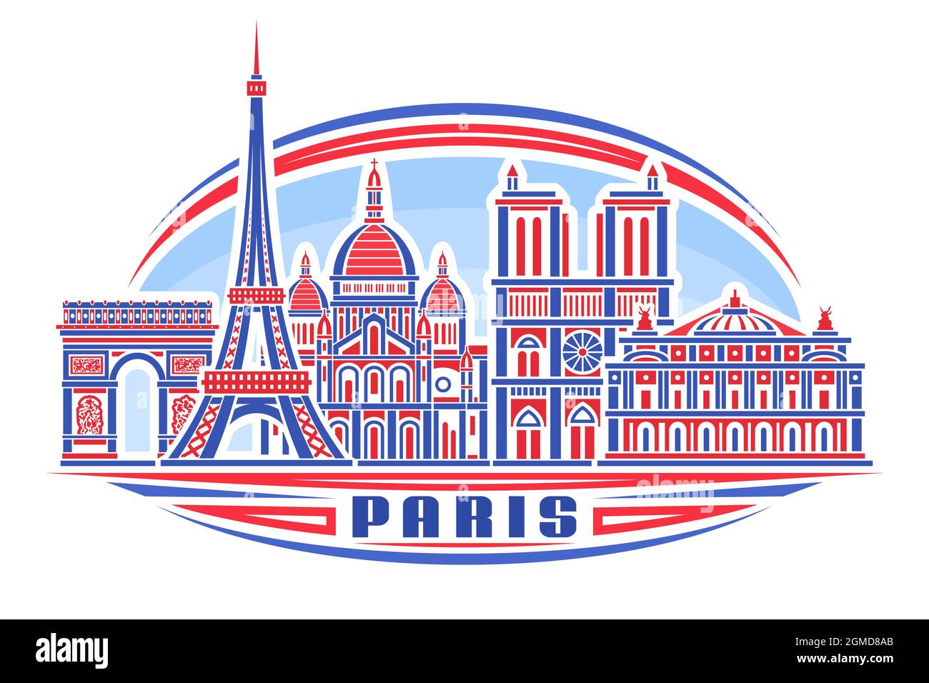 Vector illustration of Paris, horizontal poster with linear design famous paris city scape on day sky background, historic urban line art concept with Stock Vector