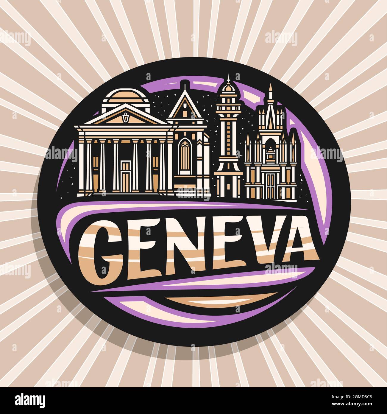 Vector logo for Geneva, black decorative label with outline illustration of european geneva city scape on dusk sky background, art design fridge magne Stock Vector