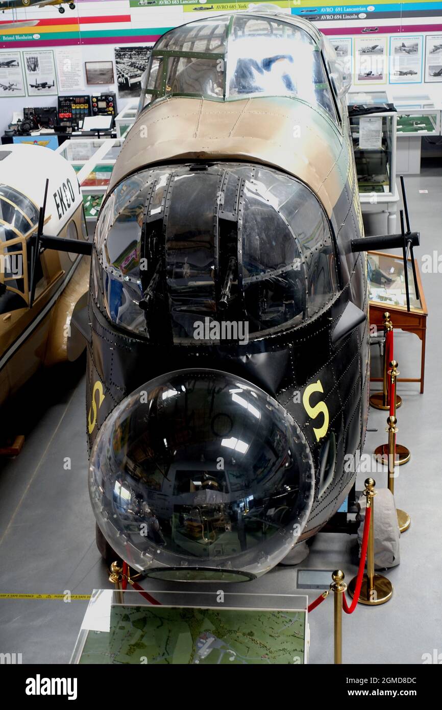 Replica Avro Lancaster bomber nose and cockpit on display at the Avro Heritage Museum. Stock Photo