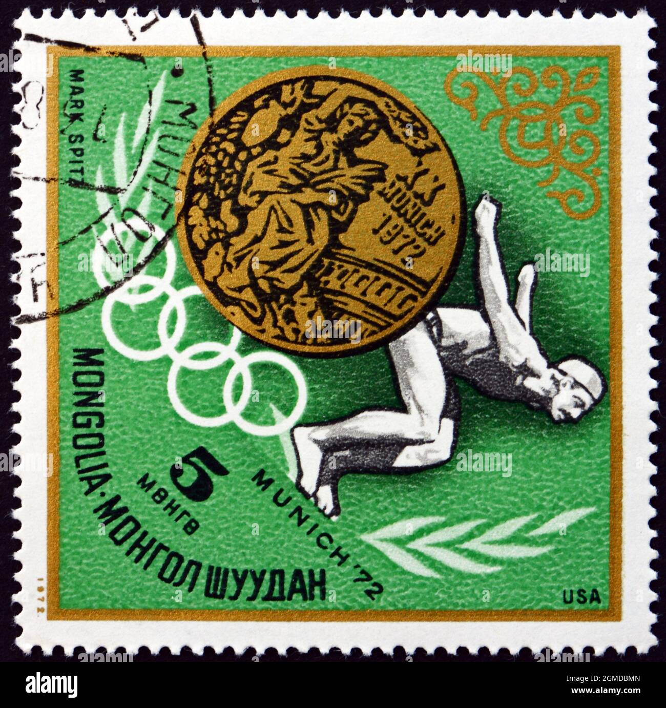 MONGOLIA - CIRCA 1972: a stamp printed in Mongolia shows Mark Spitz, US, Golden Medal, Winner in 20th Olympic Games, Munich, circa 1972 Stock Photo