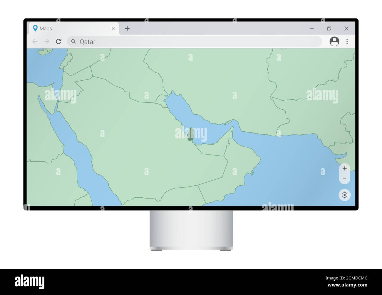 Computer monitor with map of Qatar in browser, search for the country